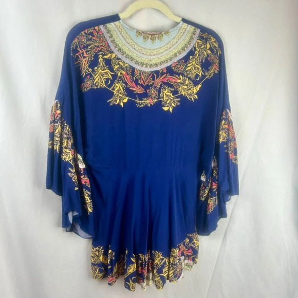 Free People Sunset Dreams Blouse Women XS Blue Flare Ruffle Sleeves Floral Boho - Picture 7 of 11